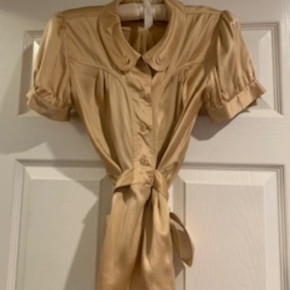 Ultra-Feminine Gold Silk Cap-Sleeve Blouse